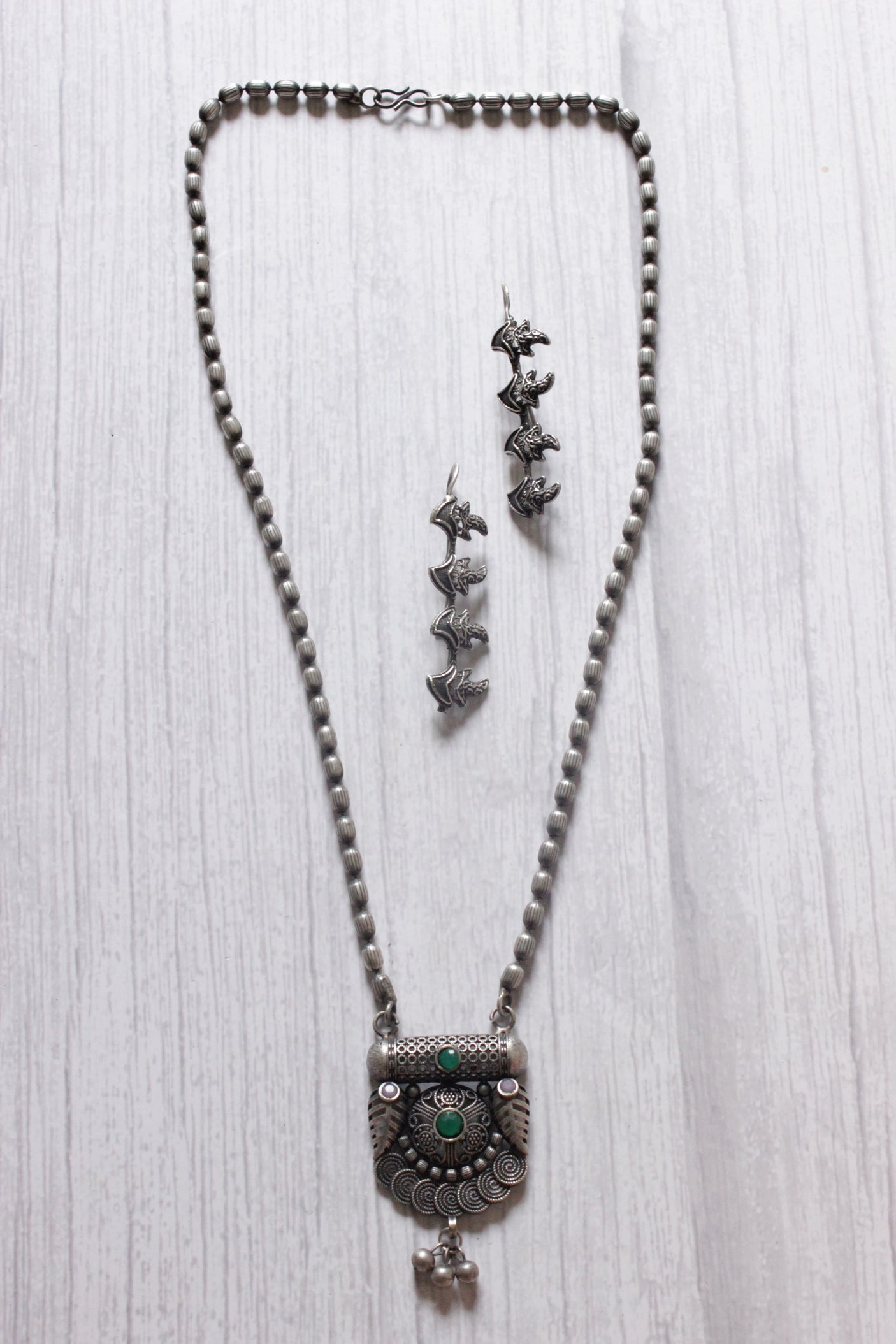Long Metal Beads Chain Oxidised Silver Metal Necklace Set