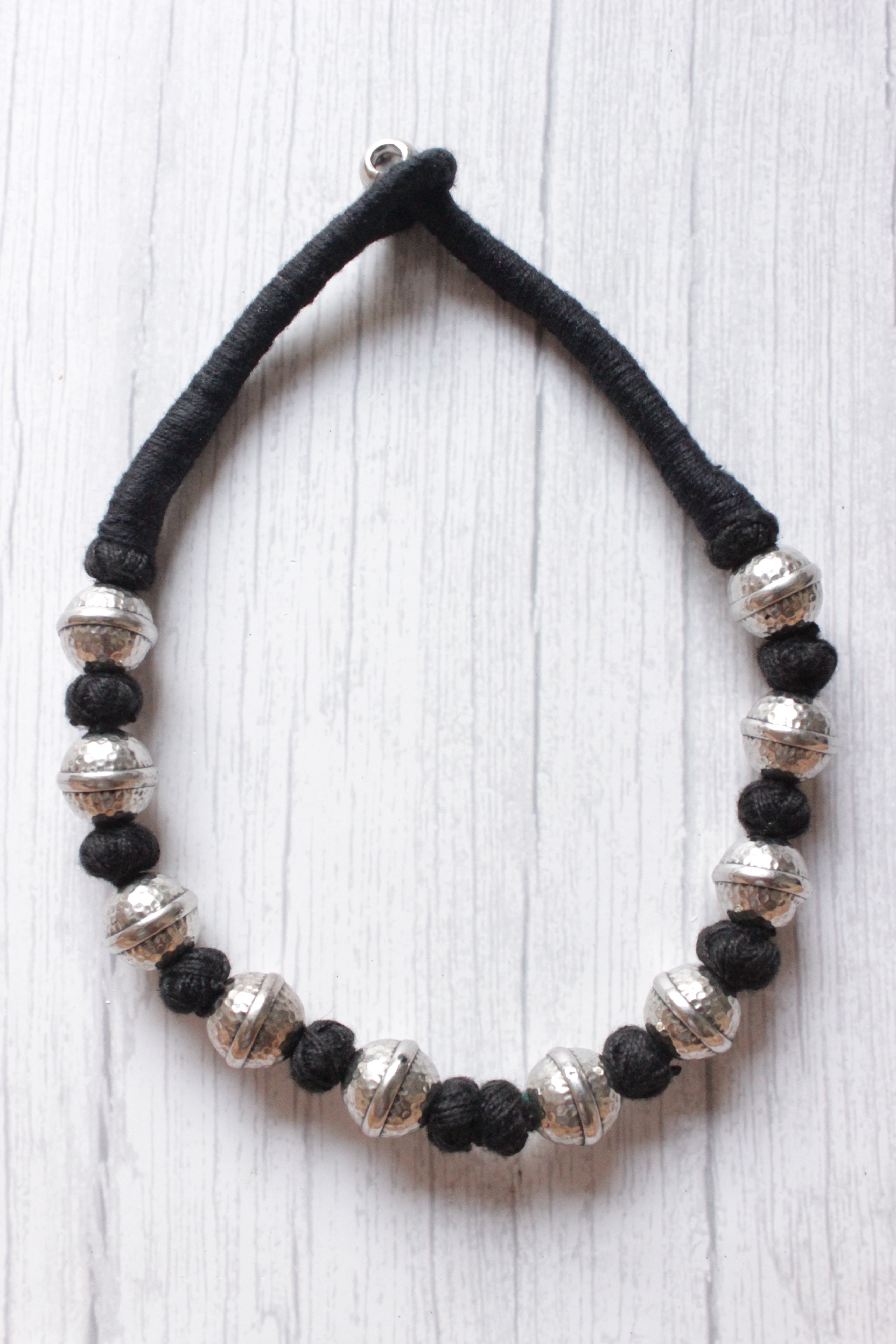 Black Fabric Beads and Oxidised Finish Metal Charms Choker Necklace