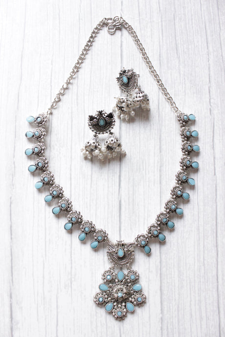 Turquoise Beads Embedded Petite Oxidised Finish Necklace Set