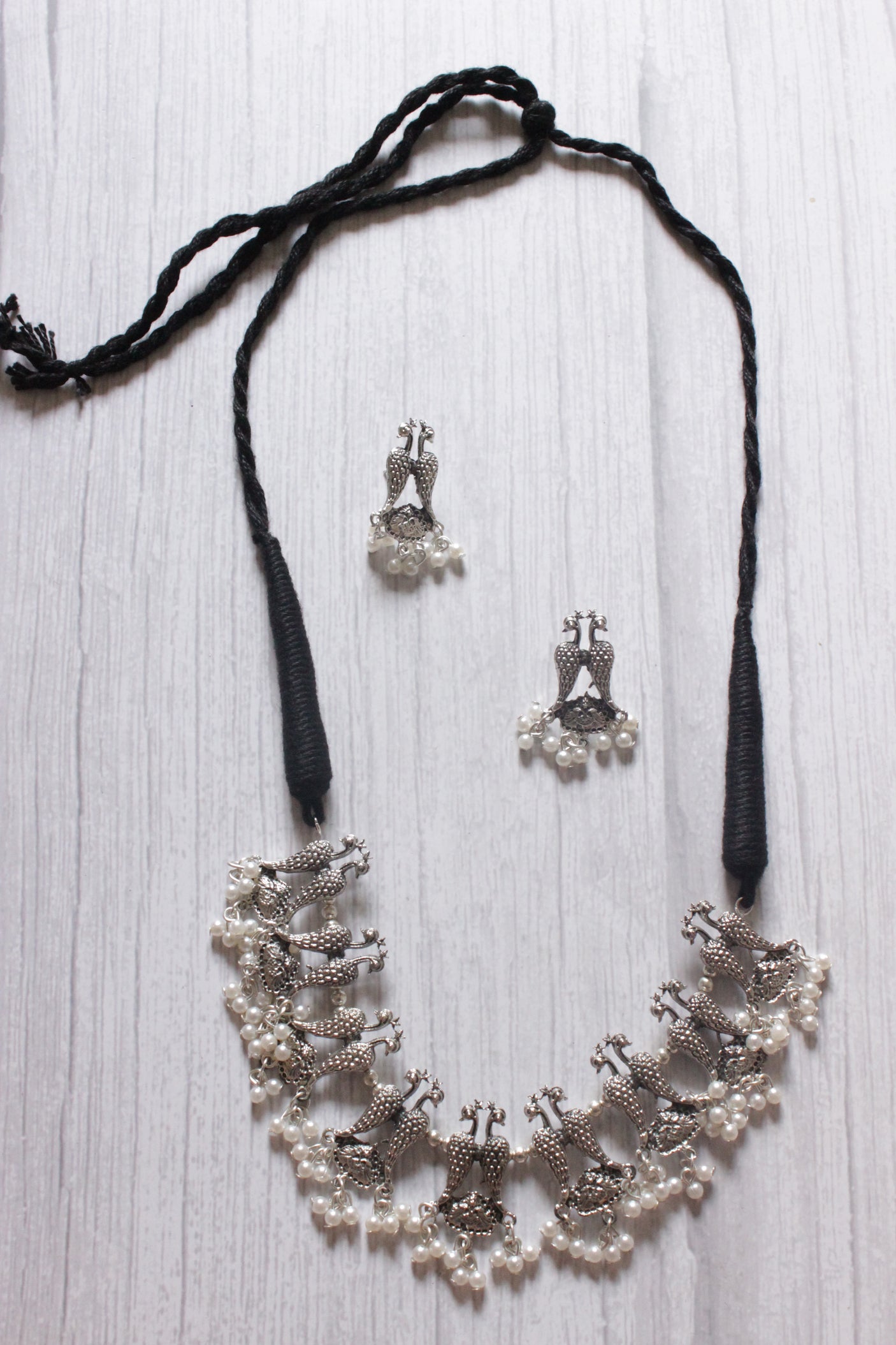Peacock Motif thread Closure Choker Necklace Set with Long Dangler Earrings
