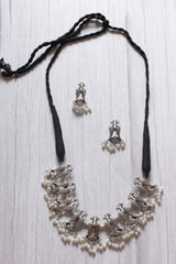 Peacock Motif thread Closure Choker Necklace Set with Long Dangler Earrings