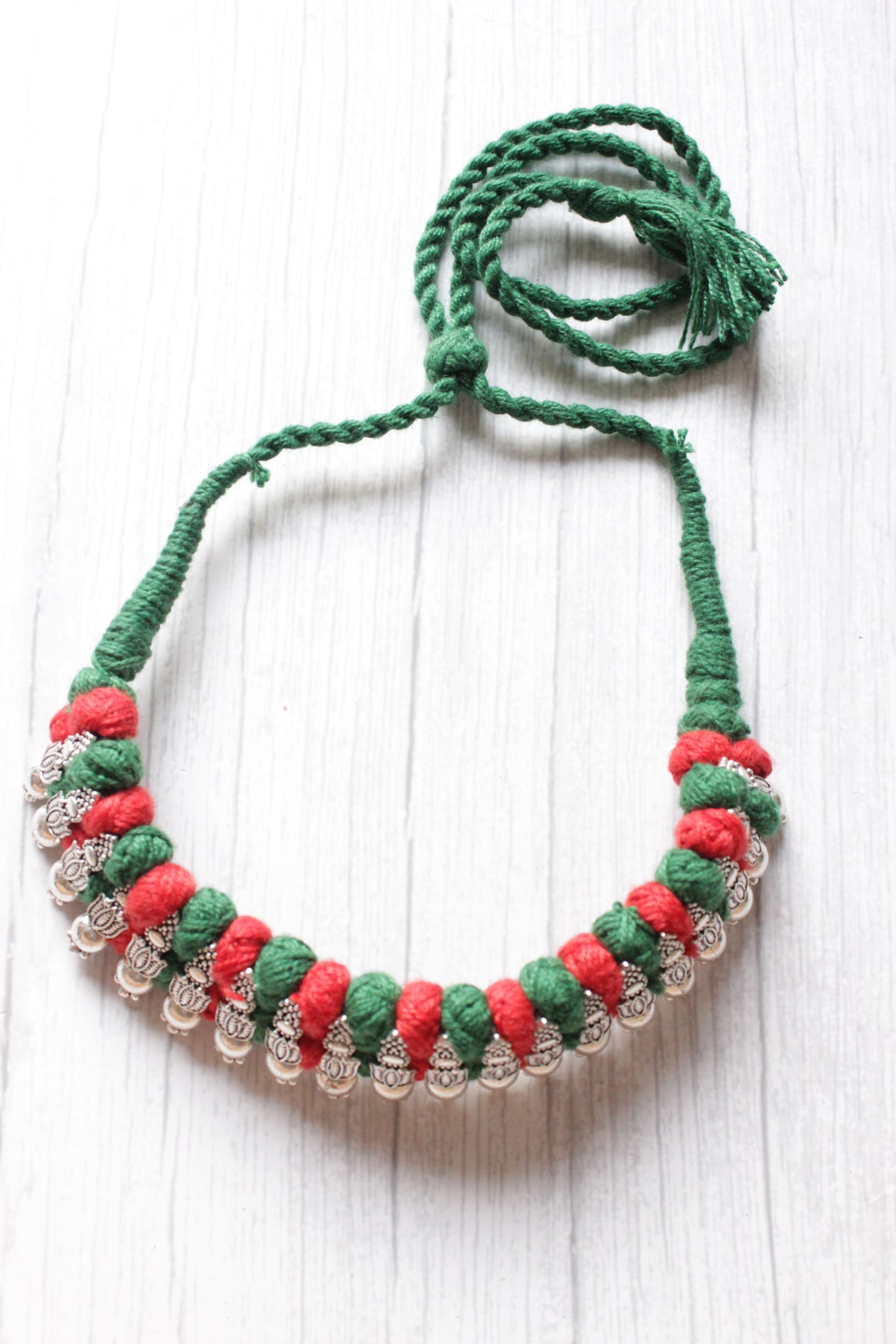 Red & Green Braided Fabric Threads with Lotus Metal Charms Choker Necklace