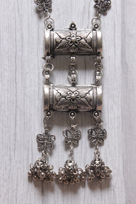 Long Chain Silver Finish Butterfly Motif Necklace Set