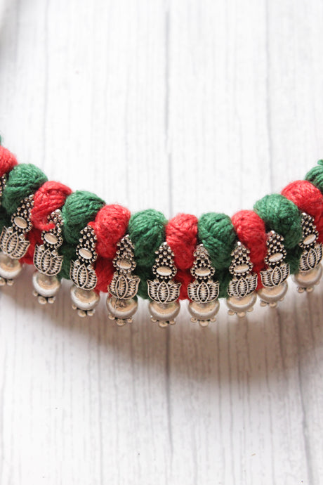 Red & Green Braided Fabric Threads with Lotus Metal Charms Choker Necklace