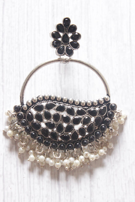Black Rhinestones Embedded Circular Dangler Earrings with White Beads Detailing