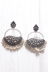 Black Rhinestones Embedded Circular Dangler Earrings with White Beads Detailing