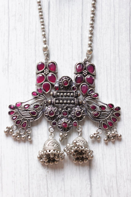 Ruby Red Glass Stones Embedded Bird Motifs Oxidised Finish Long Chain Necklace Set
