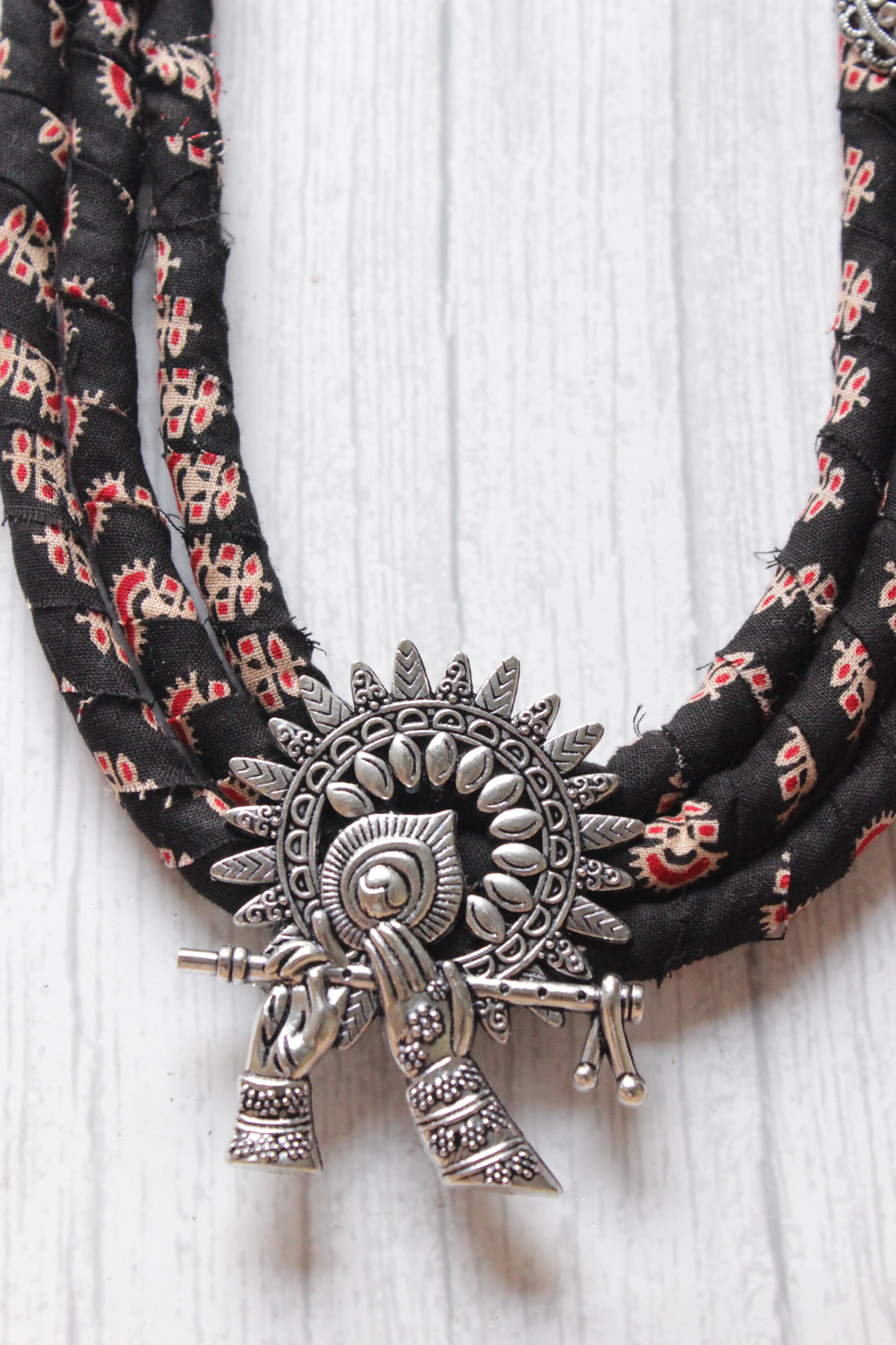 Handmade Fabric 3 Layer Necklace with Krishna and Bansuri Pendant