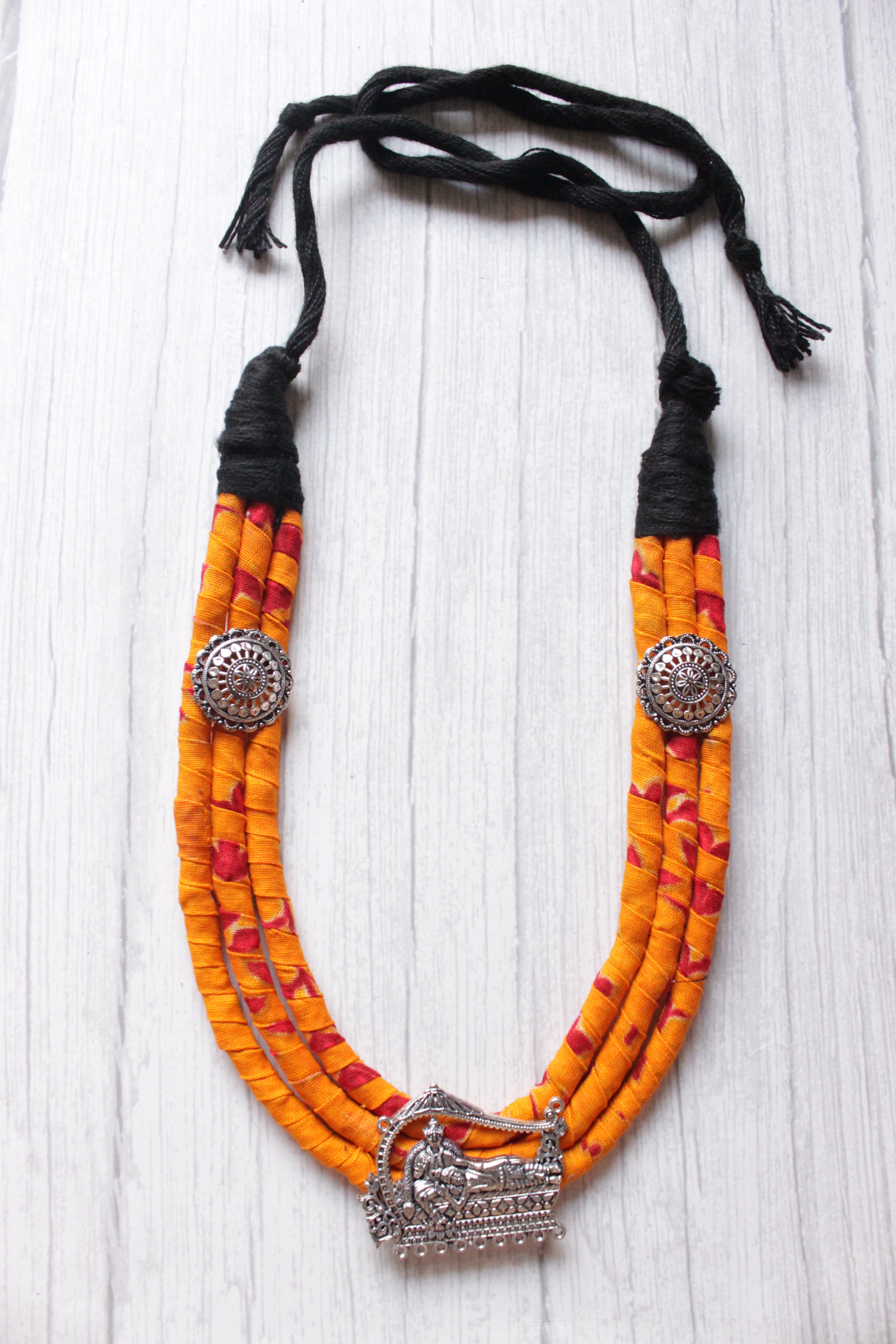 Handmade Fabric 3 Layer Necklace with Krishna in a Palki Pendant