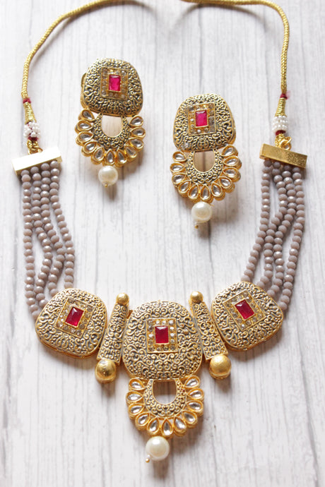Elaborate Meenakari and Kundan Work Grey Crystal Beads Hand Painted Necklace Set