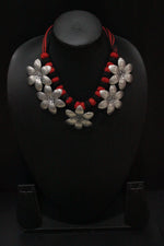 Load image into Gallery viewer, Black and Red Fabric Beads Flower Motifs Metal Charms Necklace
