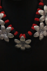 Black and Red Fabric Beads Flower Motifs Metal Charms Necklace