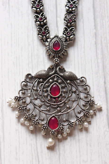 Two Swans Motifs Oxidised Finish Jaali Pattern Long Chain Necklace Set with Jhumka Earrings