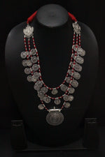 Load image into Gallery viewer, 3 Layer Red Glass Beads and Stamped Metal Coins Braided Necklace with Statement Metal Pendant

