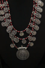 Load image into Gallery viewer, 3 Layer Red Glass Beads and Stamped Metal Coins Braided Necklace with Statement Metal Pendant
