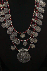3 Layer Red Glass Beads and Stamped Metal Coins Braided Necklace with Statement Metal Pendant