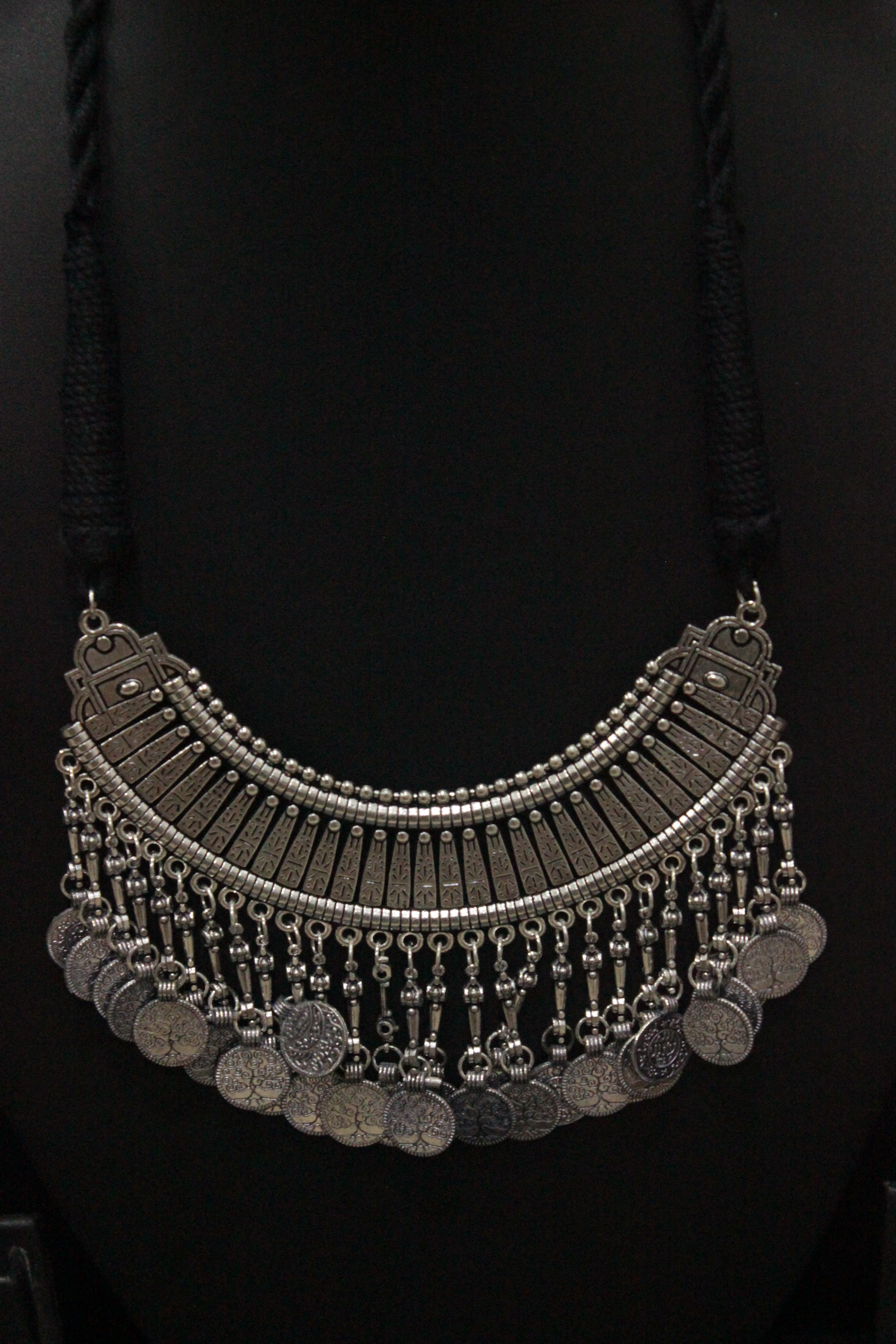 Hasli Style Choker Necklace with Stamped Coins Strings and Thread Closure