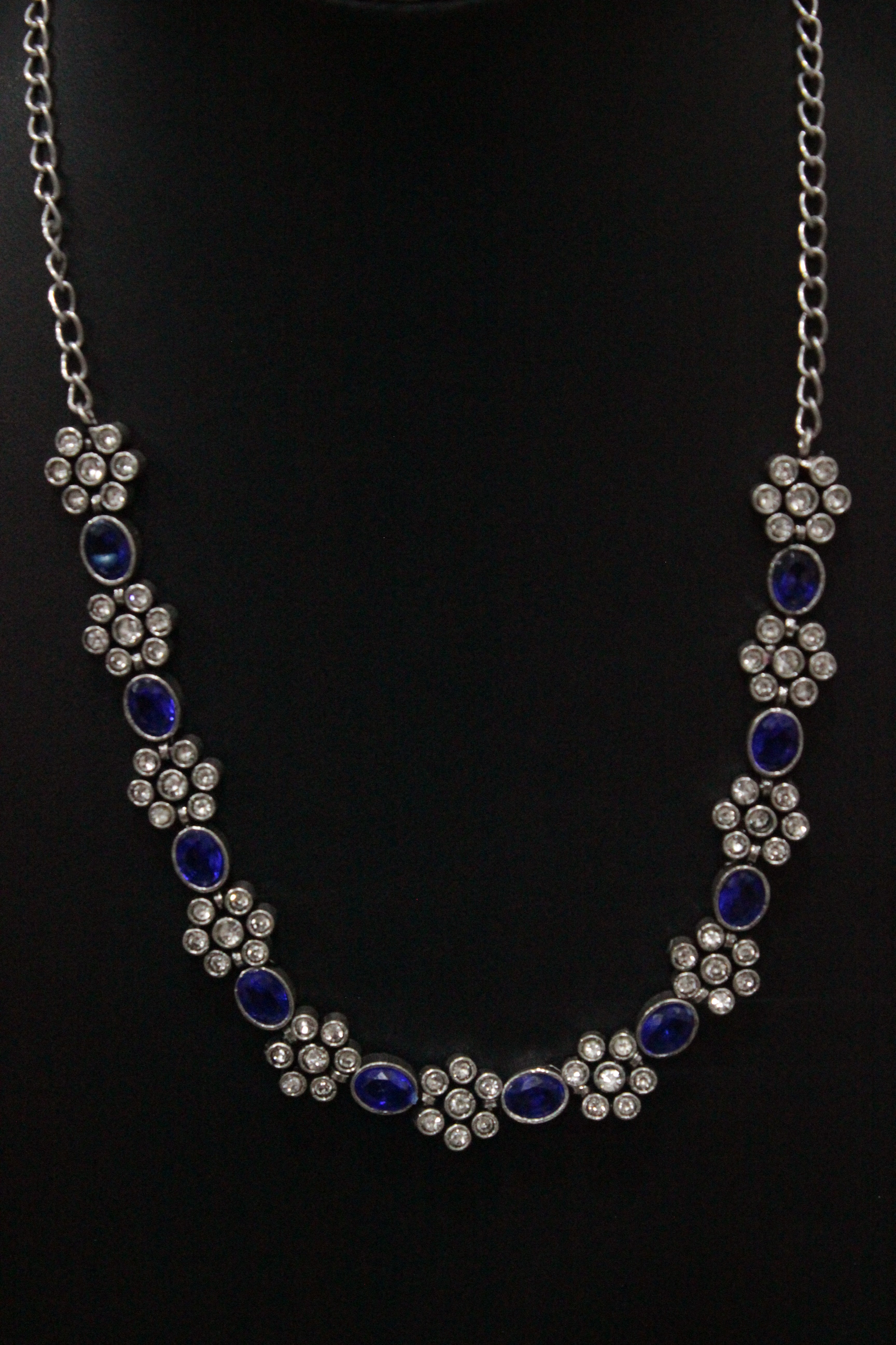 Blue Stones Embedded Silver Finish Necklace Set