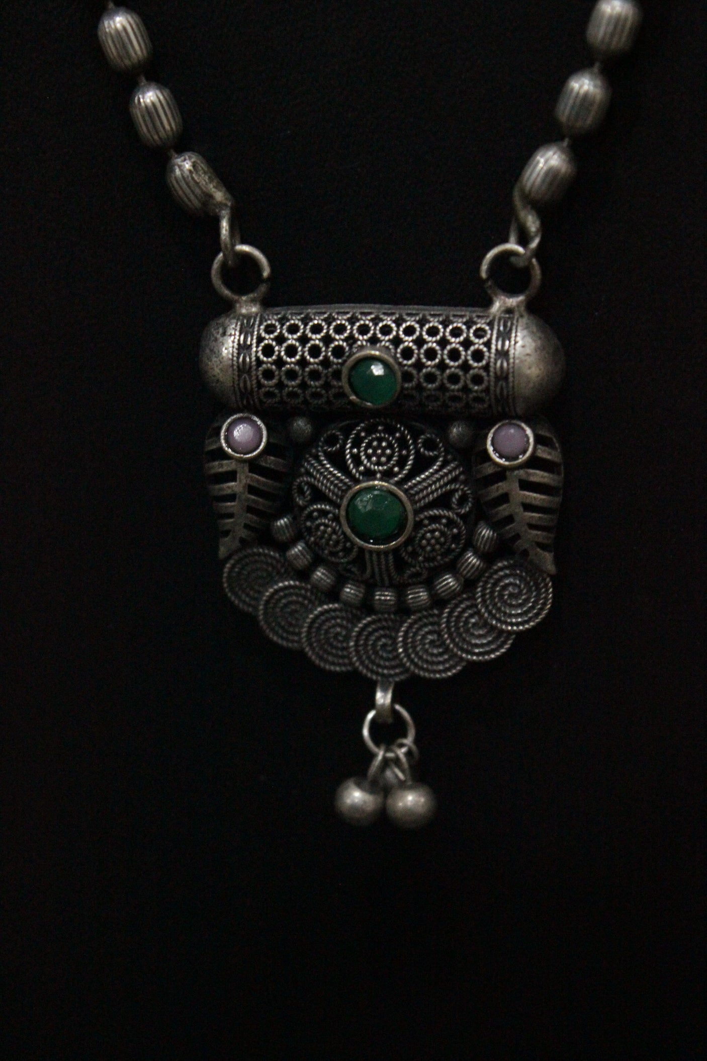 Long Metal Beads Chain Oxidised Silver Metal Necklace Set