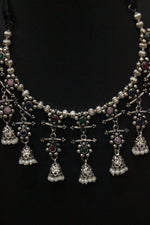 Load image into Gallery viewer, Multi-Color Stones Embedded Thread Closure Necklace Set with Long Dangler Earrings
