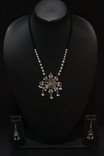 Load image into Gallery viewer, Mirror Work Pendant and Earrings Flower Motif Long Chain Silver Finish Metal Necklace Set
