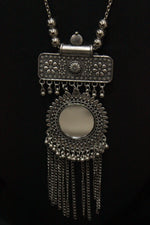 Load image into Gallery viewer, Mirror Work Pendant and Earrings Long Chain Silver Finish Metal Necklace Set
