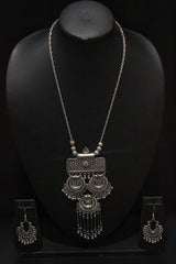 Long Chain Oxidised Silver Finish Metal Necklace Set with Half Moon Shaped Earrings