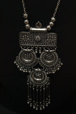 Load image into Gallery viewer, Long Chain Oxidised Silver Finish Metal Necklace Set with Half Moon Shaped Earrings
