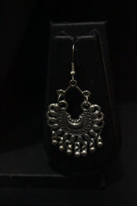 Long Chain Oxidised Silver Finish Metal Necklace Set with Half Moon Shaped Earrings