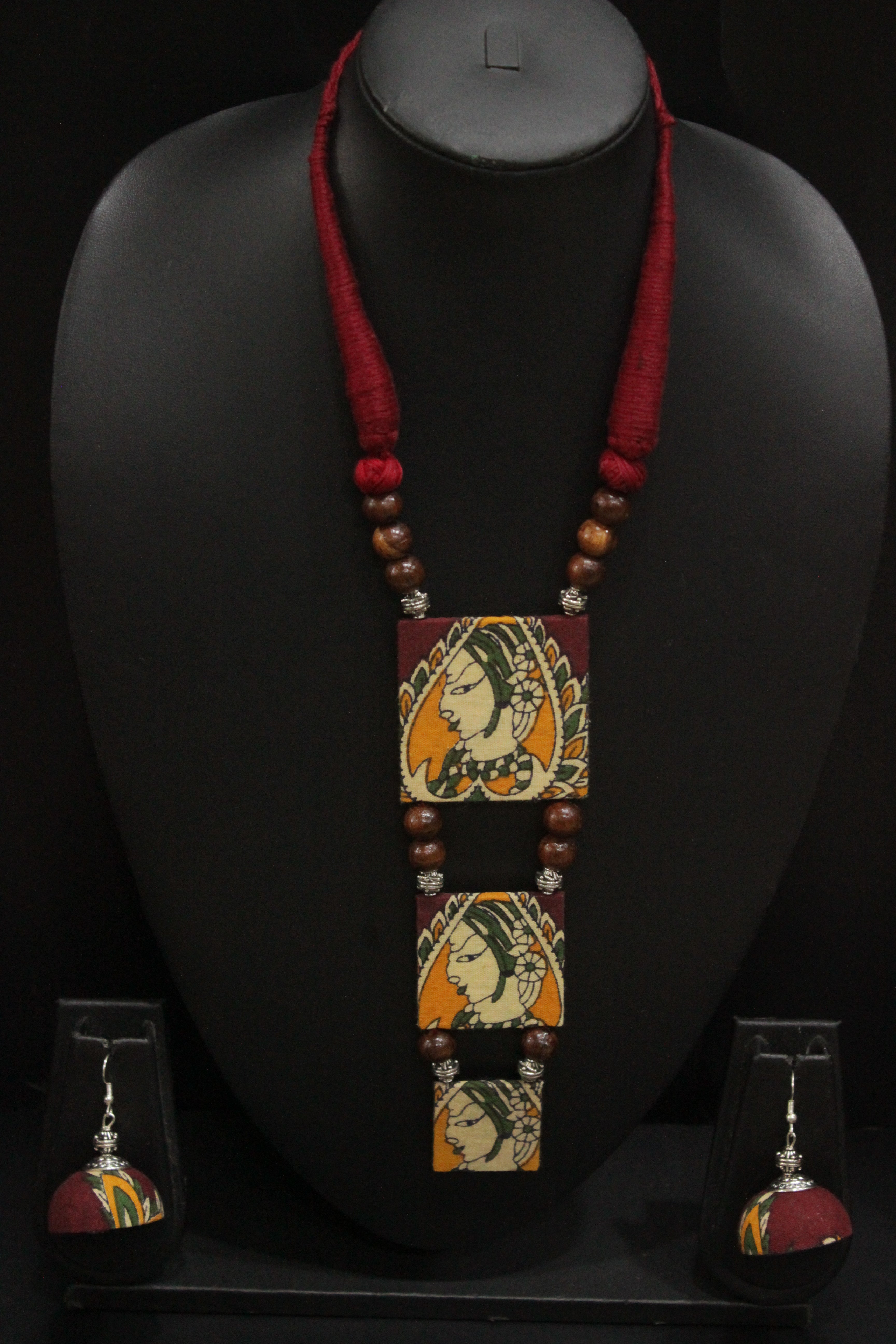 Hand Painted Woman Face Red and Yellow Fabric Necklace Set with Jhumka Earrings