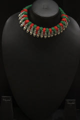 Red & Green Braided Fabric Threads with Lotus Metal Charms Choker Necklace