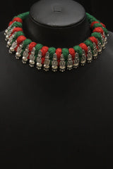 Red & Green Braided Fabric Threads with Lotus Metal Charms Choker Necklace