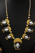 Load image into Gallery viewer, Black &amp; Golden Ganesha Motif Handcrafted Choker Style Terracotta Clay Necklace Set
