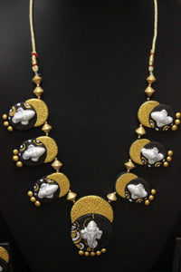 Black & Golden Ganesha Motif Handcrafted Choker Style Terracotta Clay Necklace Set