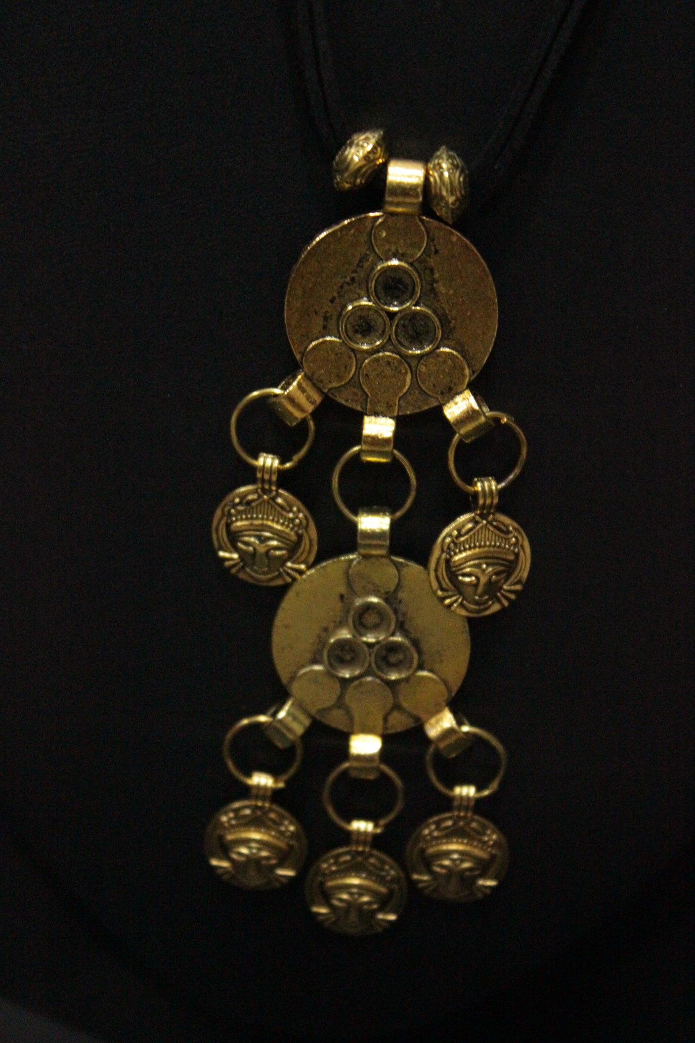 Antique Gold Finish 2 Layer Pendant Rope Closure Handcrafted Necklace Set