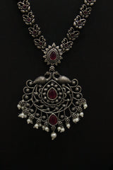 Two Swans Motifs Oxidised Finish Jaali Pattern Long Chain Necklace Set with Jhumka Earrings