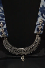 Load image into Gallery viewer, Crescent Moon Shaped Statement Pendant Collar Necklace with Indigo Fabric
