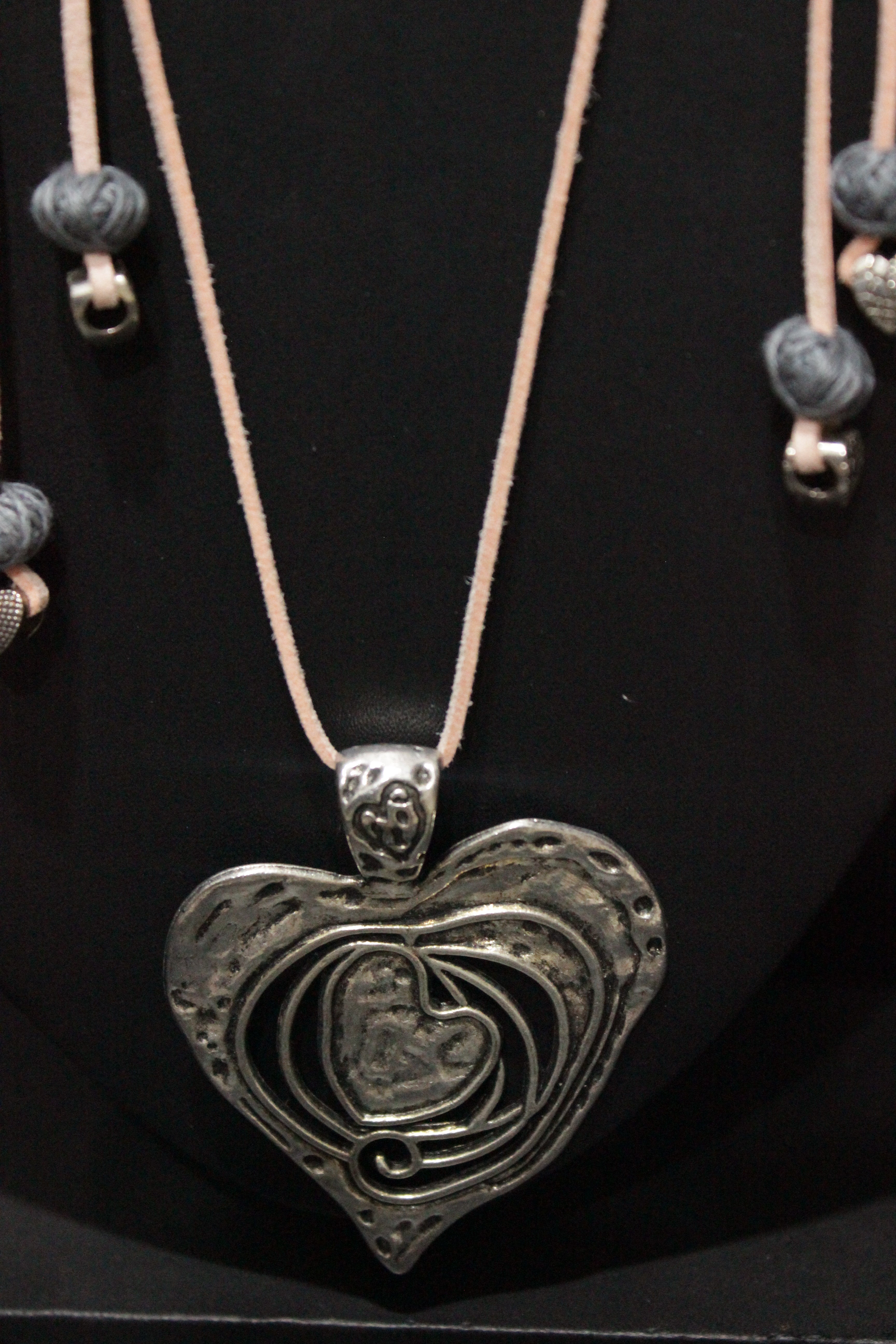 Oxidised Silver Finish Heart Shaped Pendant Rope Closure Necklace Set with Metal Accents