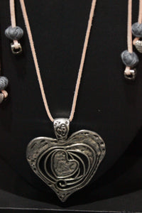 Oxidised Silver Finish Heart Shaped Pendant Rope Closure Necklace Set with Metal Accents