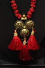 Load image into Gallery viewer, Antique Gold Finish Choker Necklace Set with Fabric Beads Closure and Pom Pom Ends
