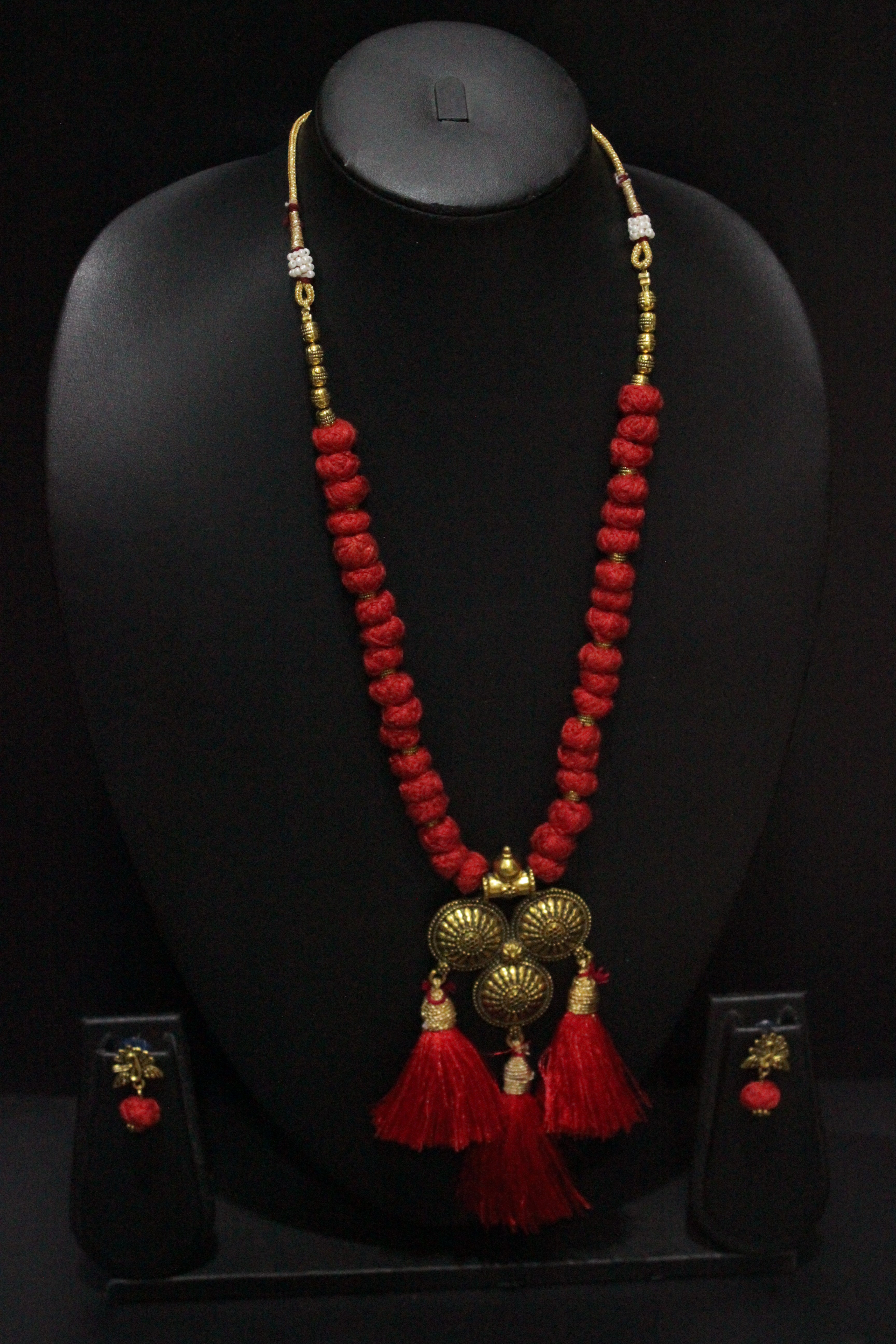 Antique Gold Finish Choker Necklace Set with Fabric Beads Closure and Pom Pom Ends