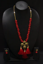 Load image into Gallery viewer, Antique Gold Finish Choker Necklace Set with Fabric Beads Closure and Pom Pom Ends
