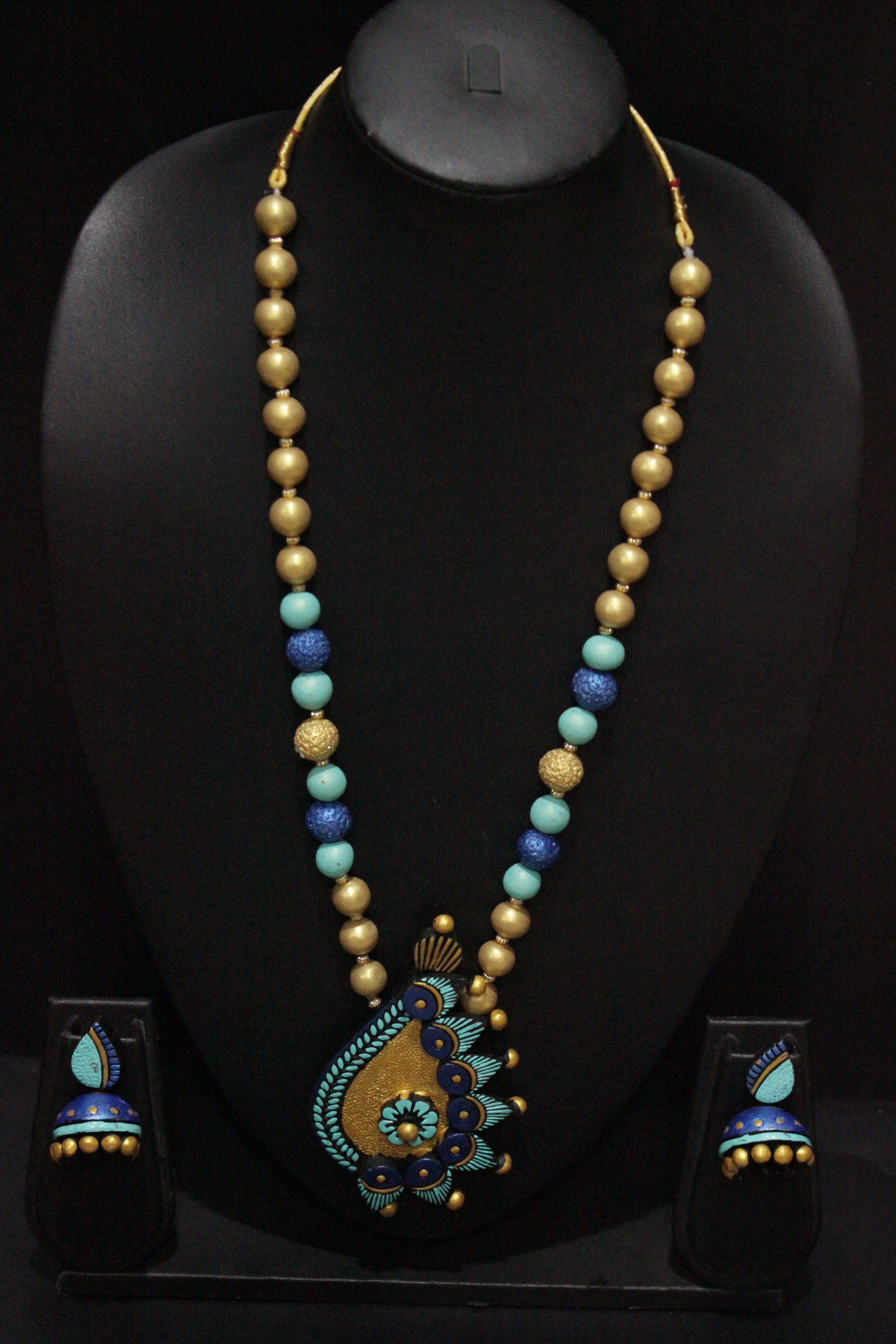 Shades of Blue & Golden Handcrafted Terracotta Clay Necklace Set