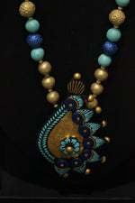 Load image into Gallery viewer, Shades of Blue &amp; Golden Handcrafted Terracotta Clay Necklace Set

