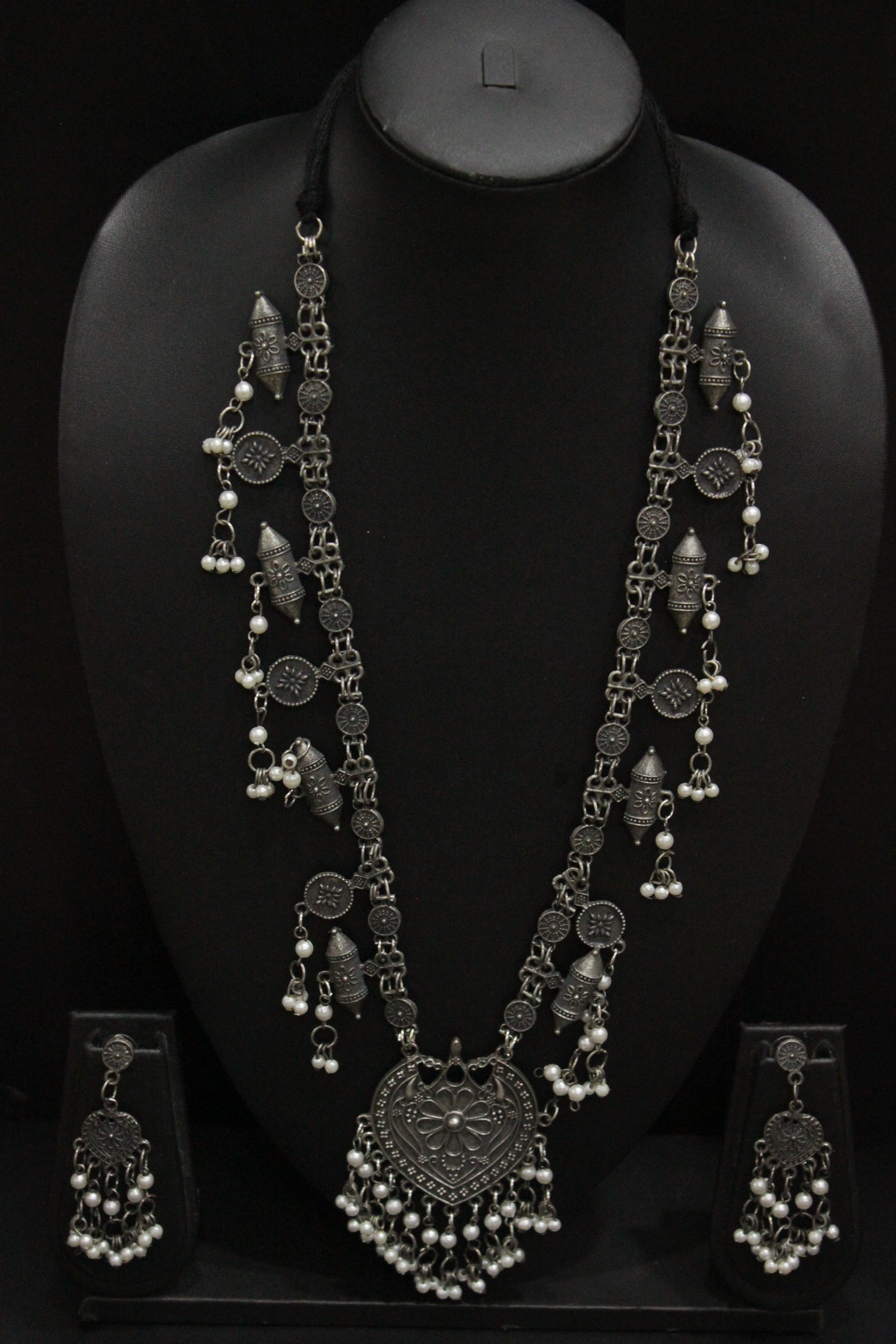 Tribal Warrior Motif Charms Long Chain Oxidised Finish Necklace Set Accentuated with White Beads