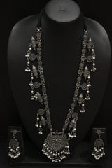 Tribal Warrior Motif Charms Long Chain Oxidised Finish Necklace Set Accentuated with White Beads
