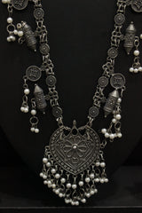 Tribal Warrior Motif Charms Long Chain Oxidised Finish Necklace Set Accentuated with White Beads