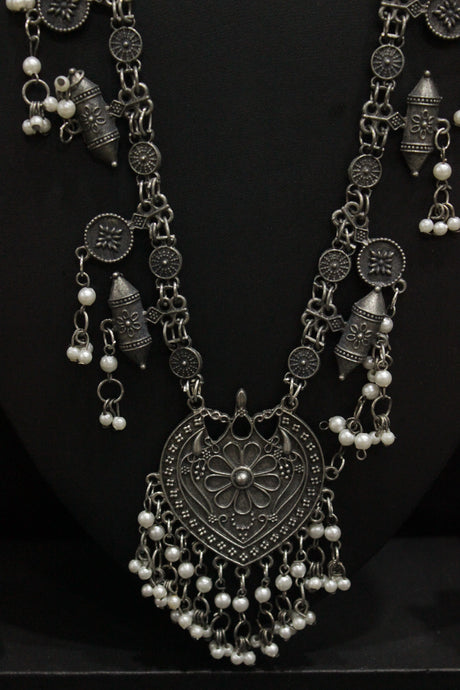 Tribal Warrior Motif Charms Long Chain Oxidised Finish Necklace Set Accentuated with White Beads