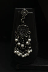 Tribal Warrior Motif Charms Long Chain Oxidised Finish Necklace Set Accentuated with White Beads