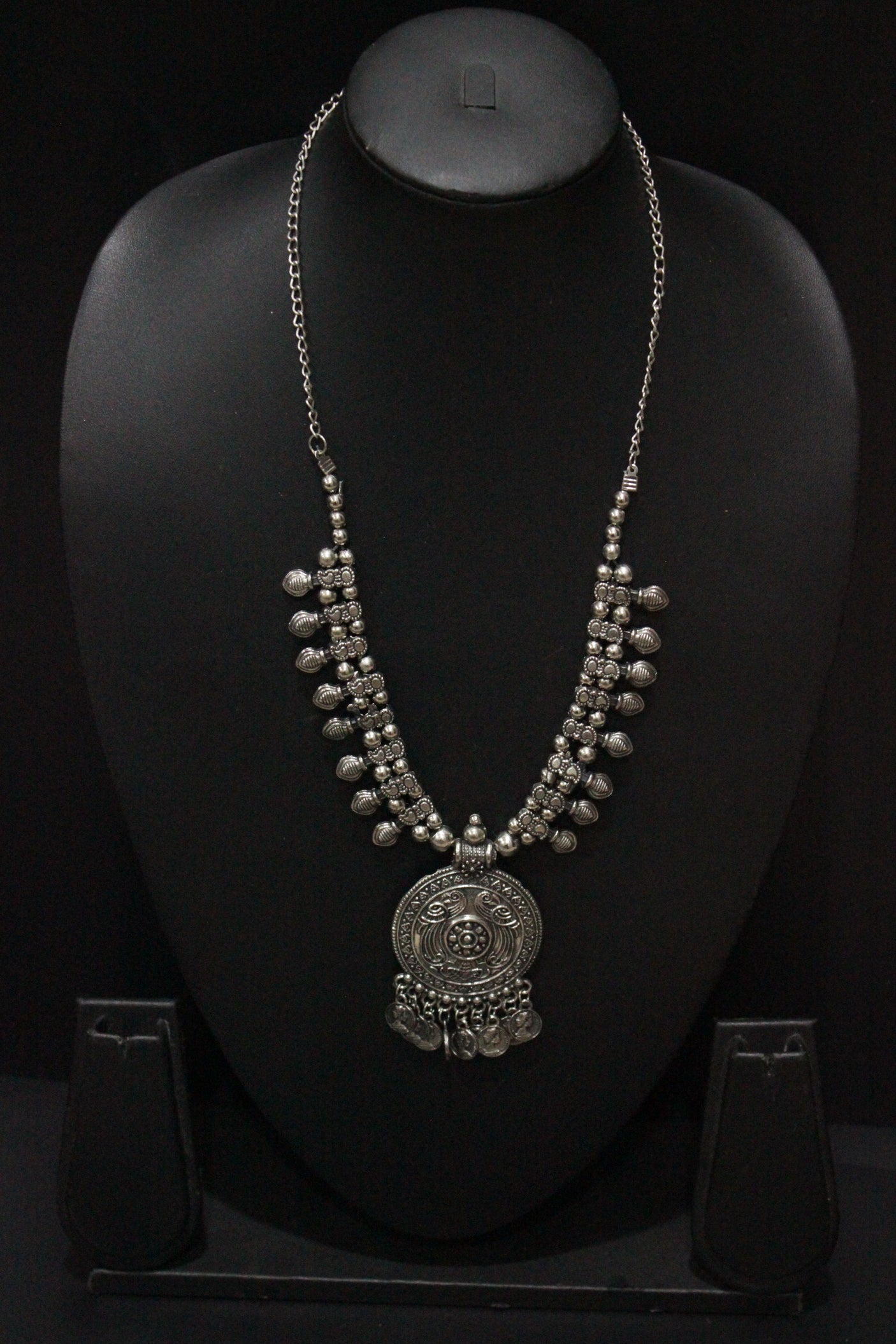 Oxidised Silver Finish Metal Necklace with Stamped Coins